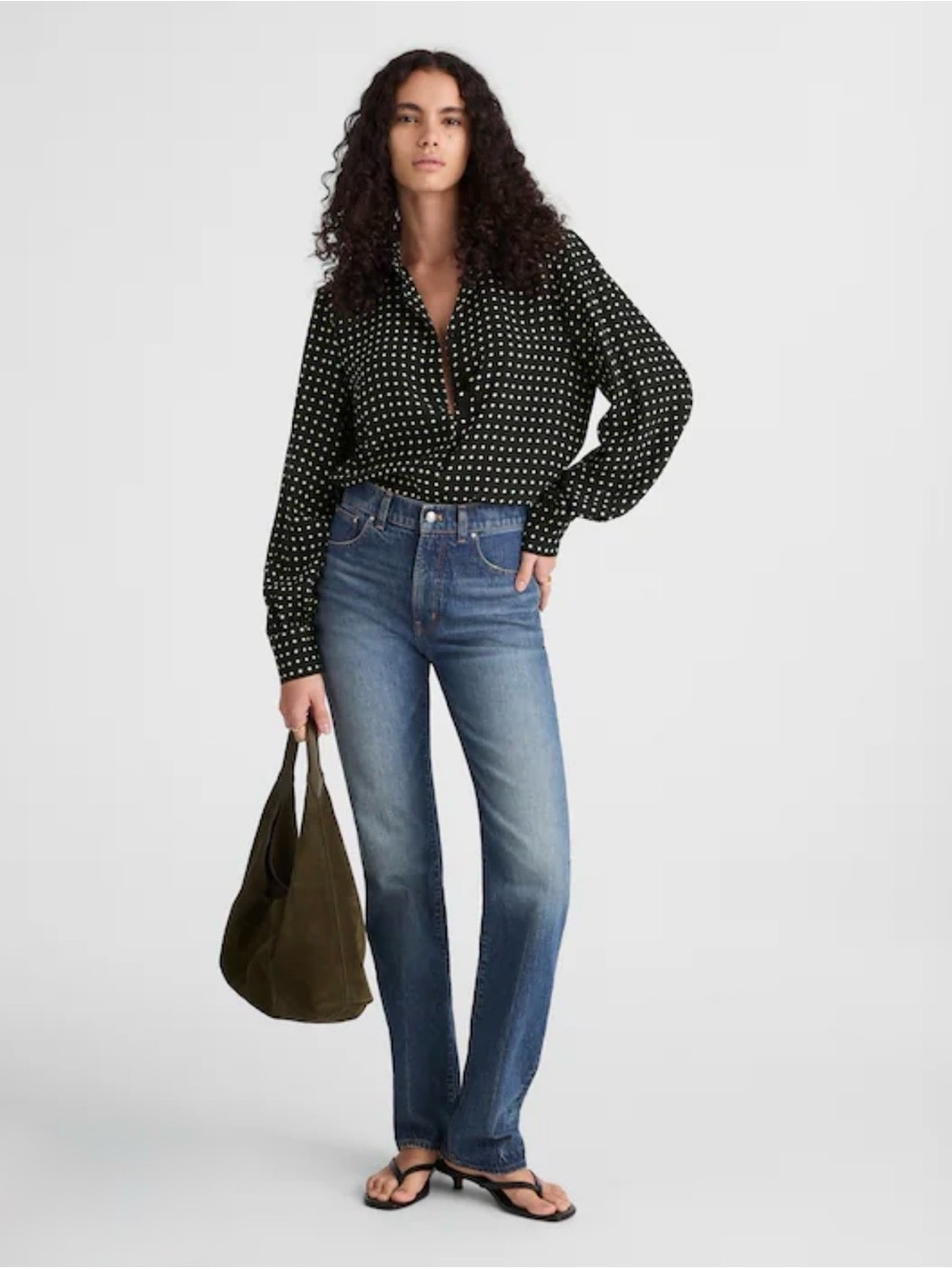 Madewell Silk Shirred Button-Up Polka Dot Blouse